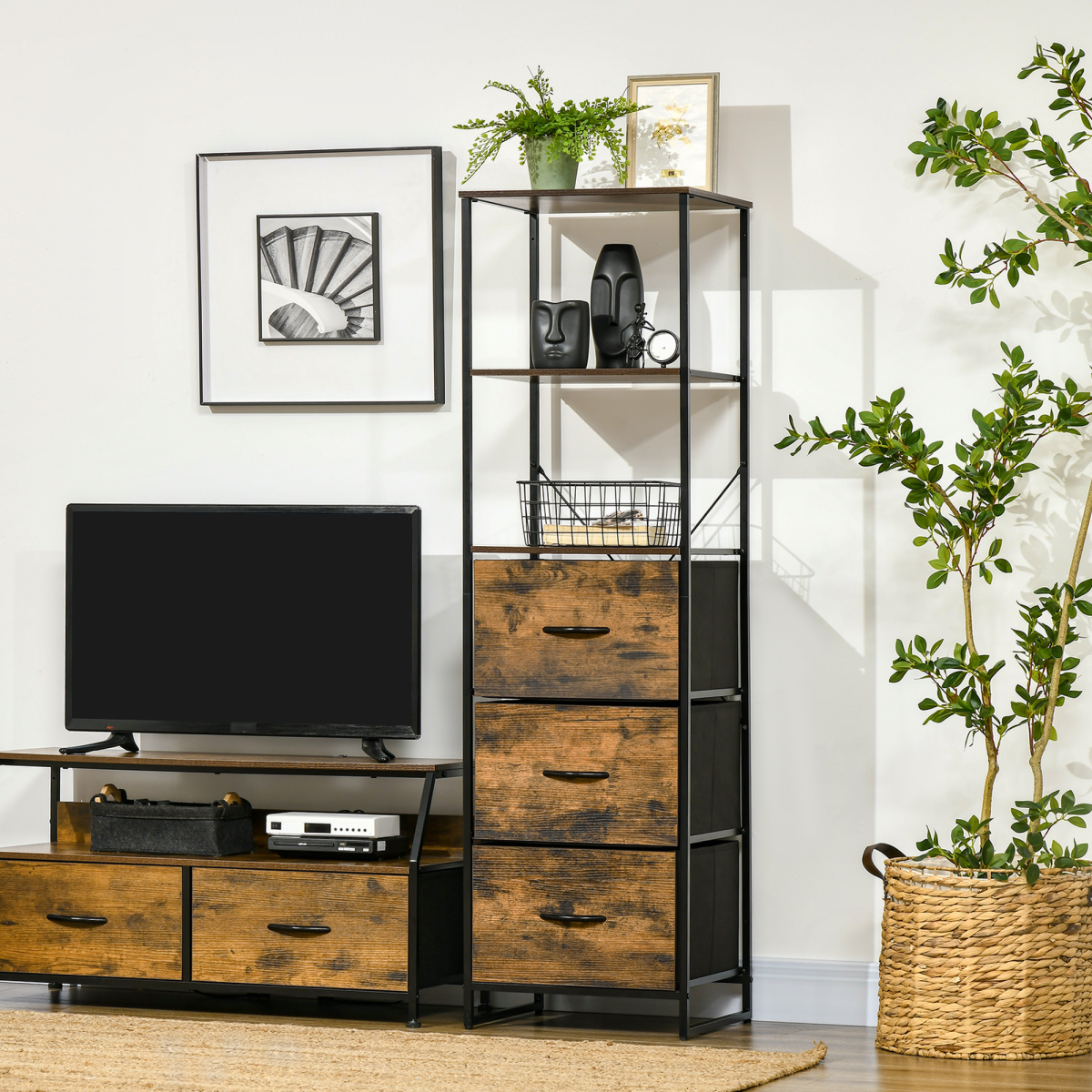 Rustic Brown Industrial Storage Cabinet with 2 Shelves & 3 Fabric Drawers