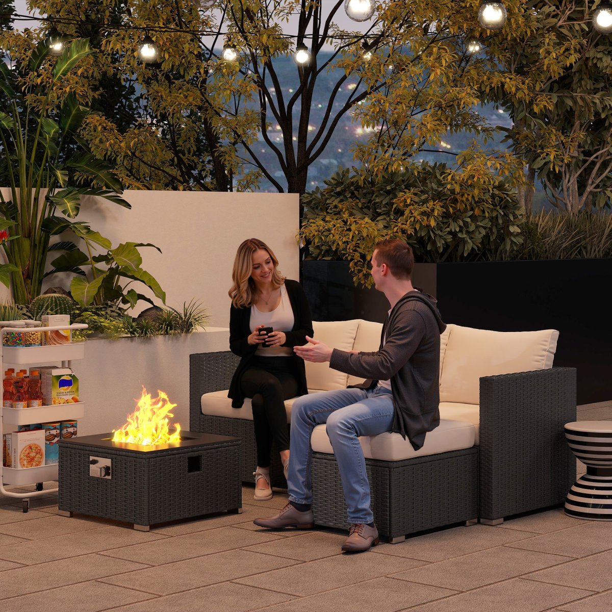 Modular 4-Seater Rattan Sofa Set with Fire Pit Table & Cushions