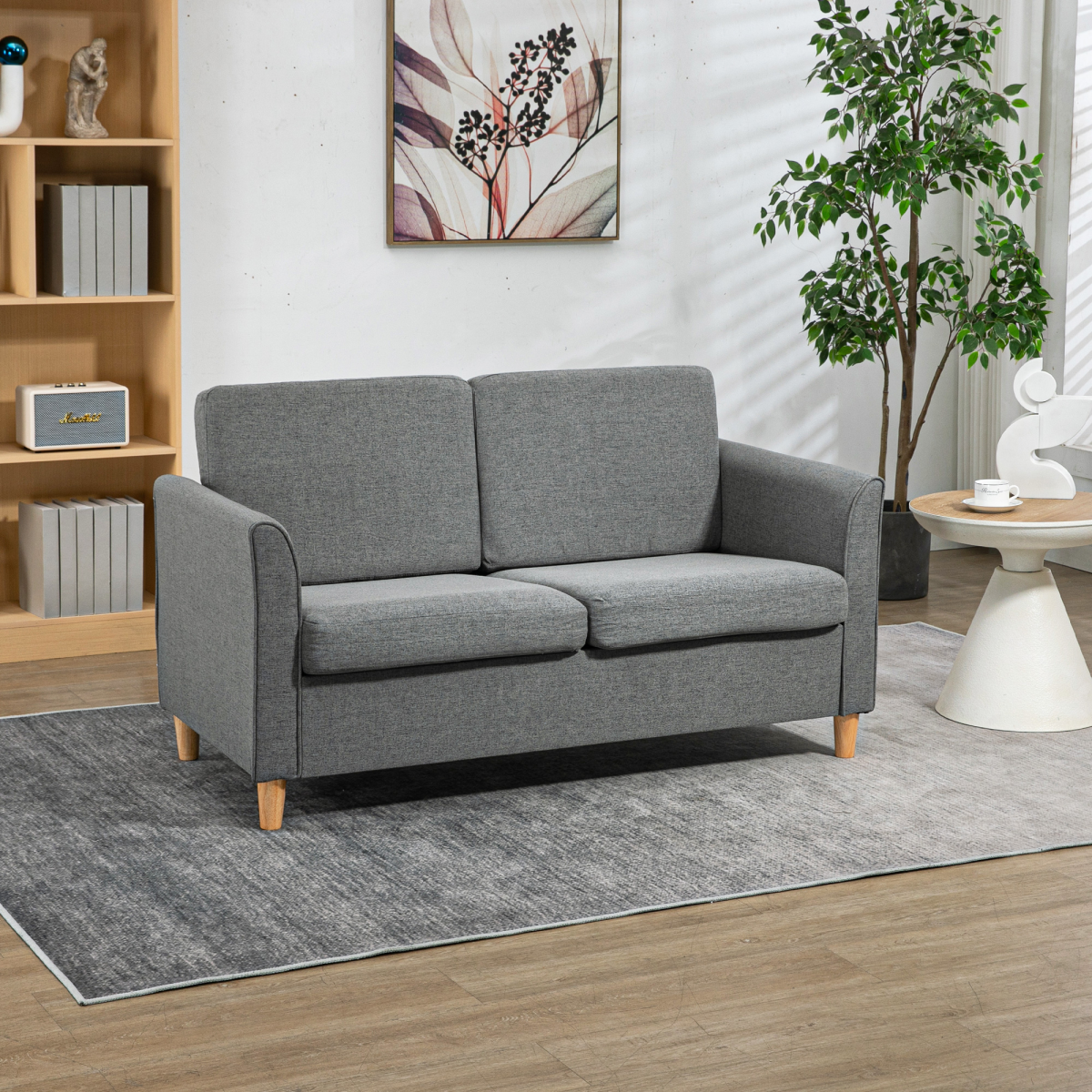 Double Seat Sofa - Grey Linen Upholstery with Armrests