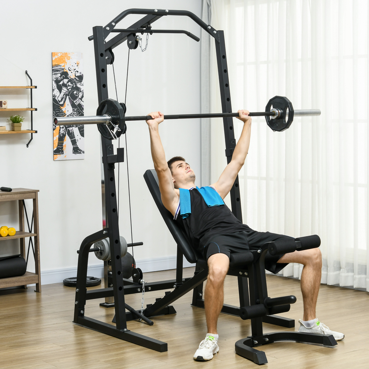 SPORTNOW All-in-One Smith Machine & Power Rack with Pull-Up Bar & Lat System
