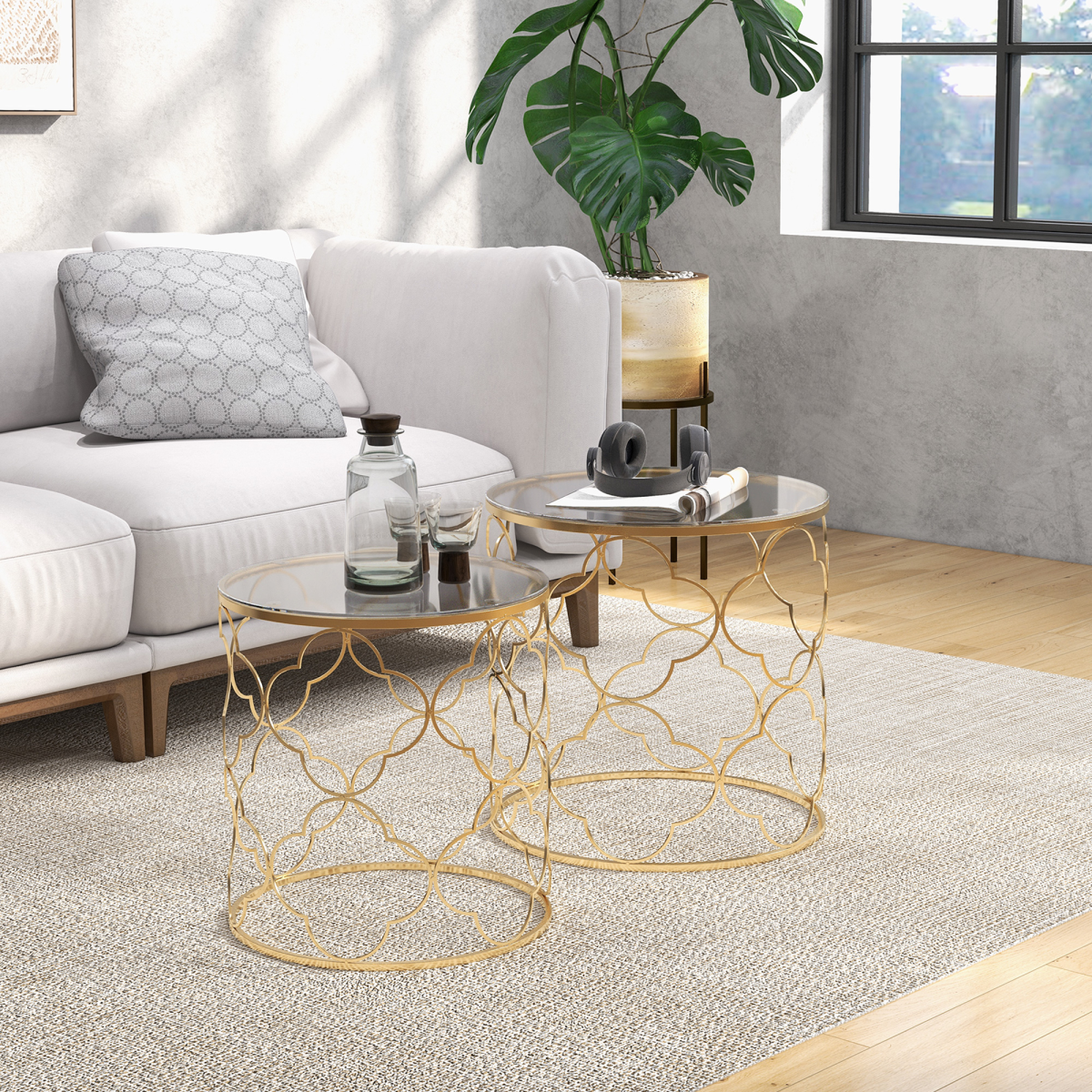 Stylish Nesting Tables Set - Chic Glass Top & Gold Accent Design