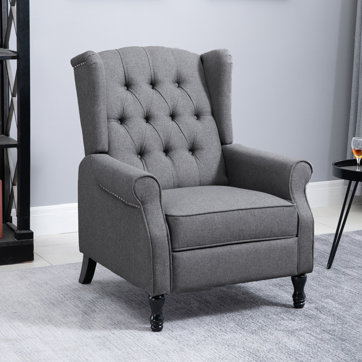Manual Recliner Armchair with Footrest - Light Grey Fabric, Tufted Back