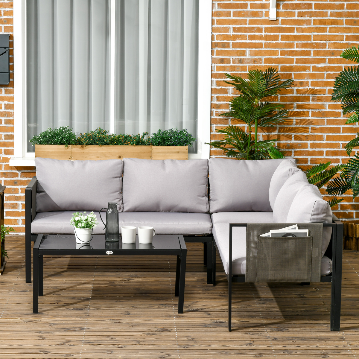 4-Piece Modular Garden Set: Corner or Linear Layout, Light Grey
