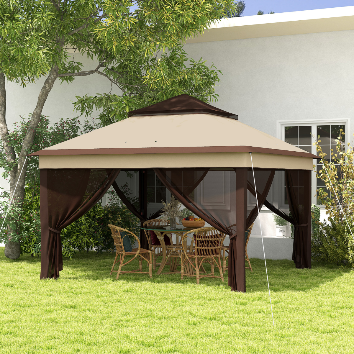 3x3m Pop Up Gazebo with Netting, Height Adjustable, Beige