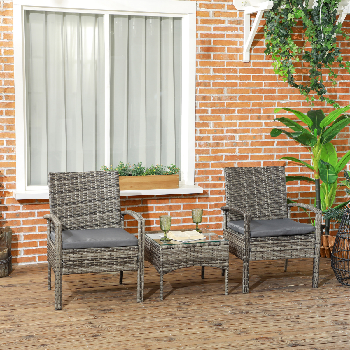 3-Piece Grey Rattan Bistro Set - Table & 2 Chairs