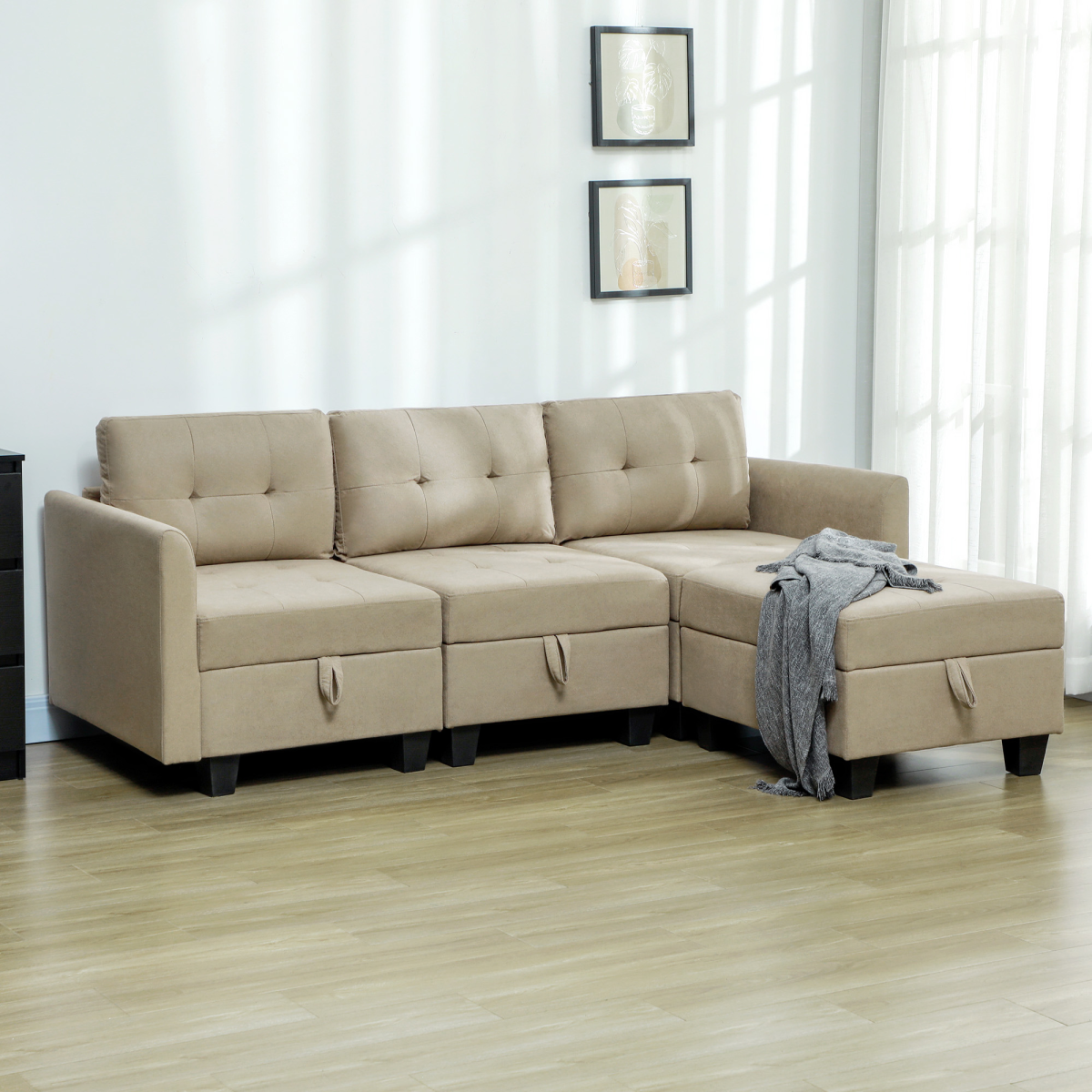 Convertible Modular Sectional Sofa with Storage & Wood Frame Light Brown