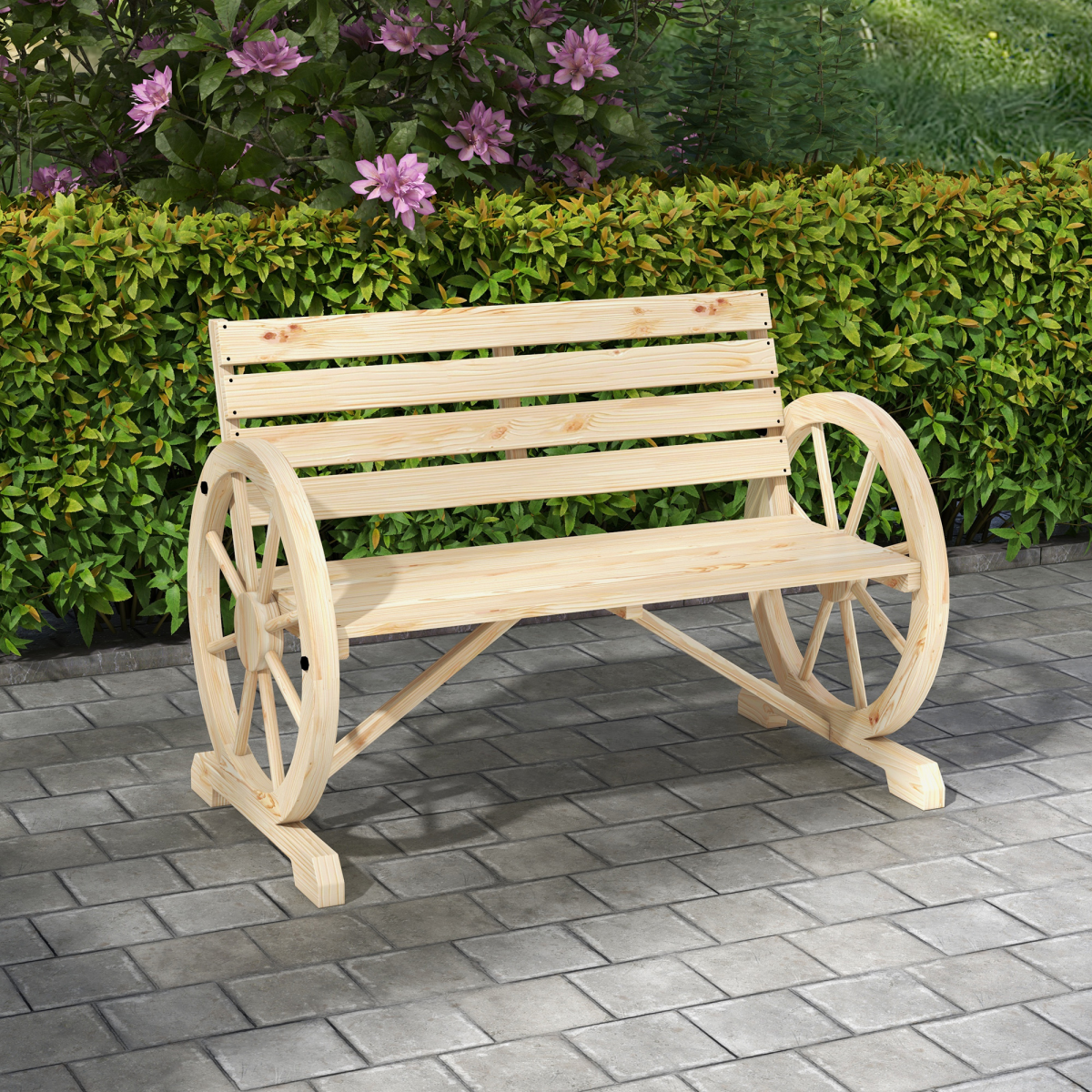 2-Seater Garden Bench with Wagon Wheel Armrests - Natural Fir Wood