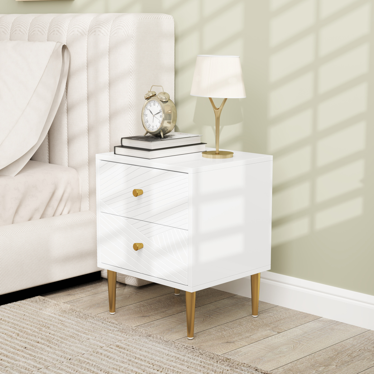 Chic White Nightstand with Gold Handles & Ample Drawer Storage