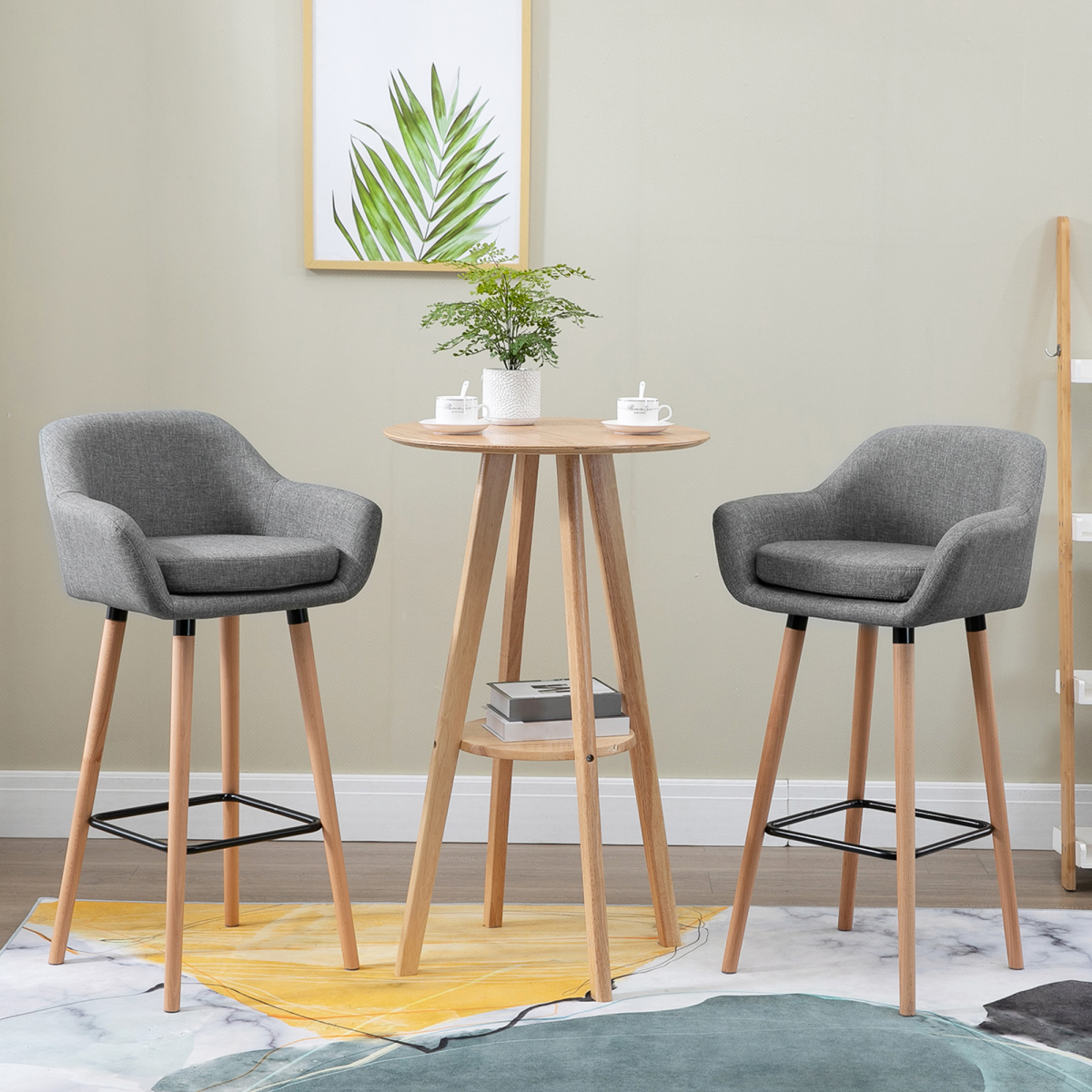 Modern Grey Upholstered Bucket Seat Bar Stools - Set of 2 with Solid Wood Legs