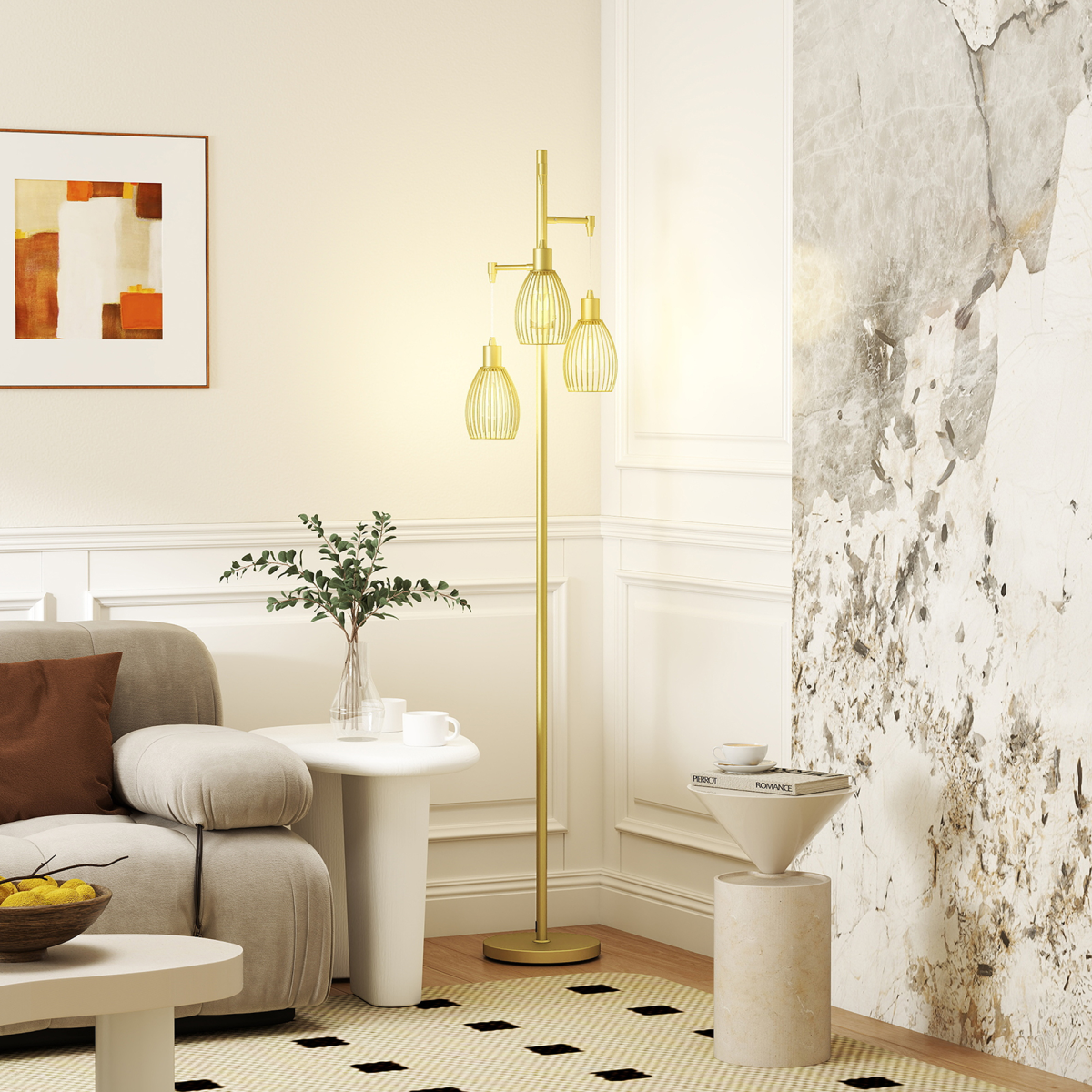 Industrial Chic: 3-Light Dimmable Floor Lamp in Elegant Gold Finish