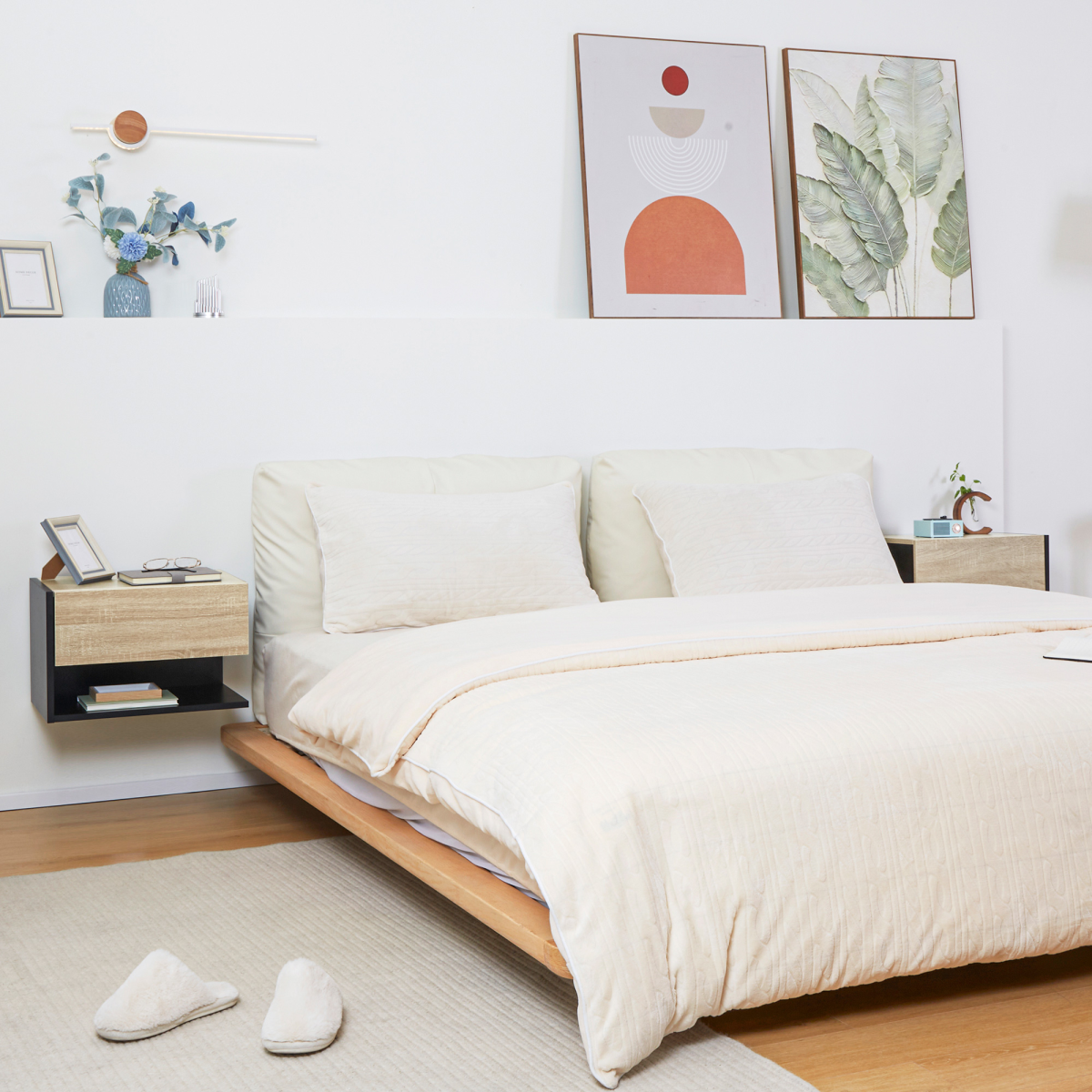 Stylish Wall-Mounted Bedside Table Set - Space-Saving with Drawer & Shelf