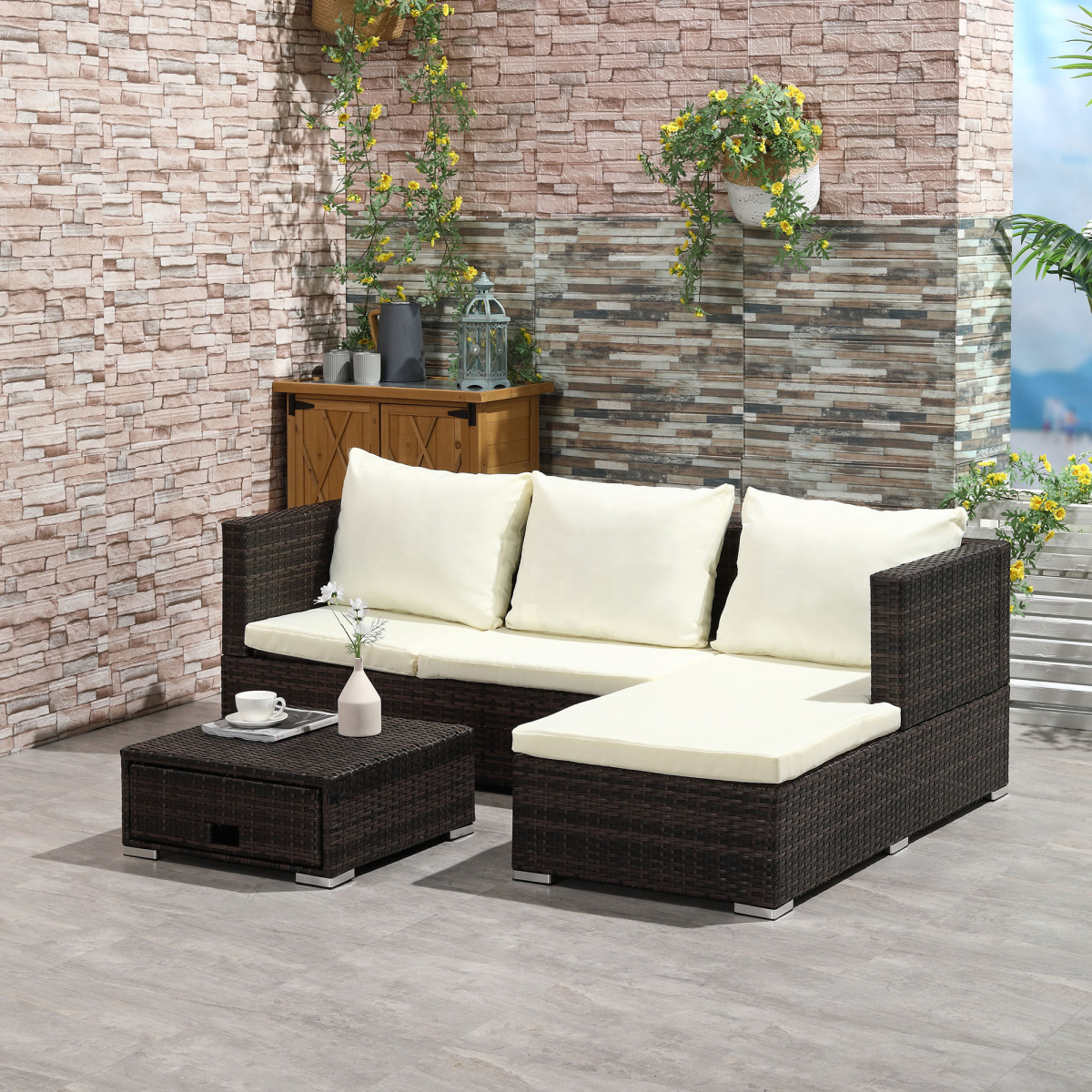 Rattan Garden Sofa Set with Storage Table 4-Seater Reclining Lounge