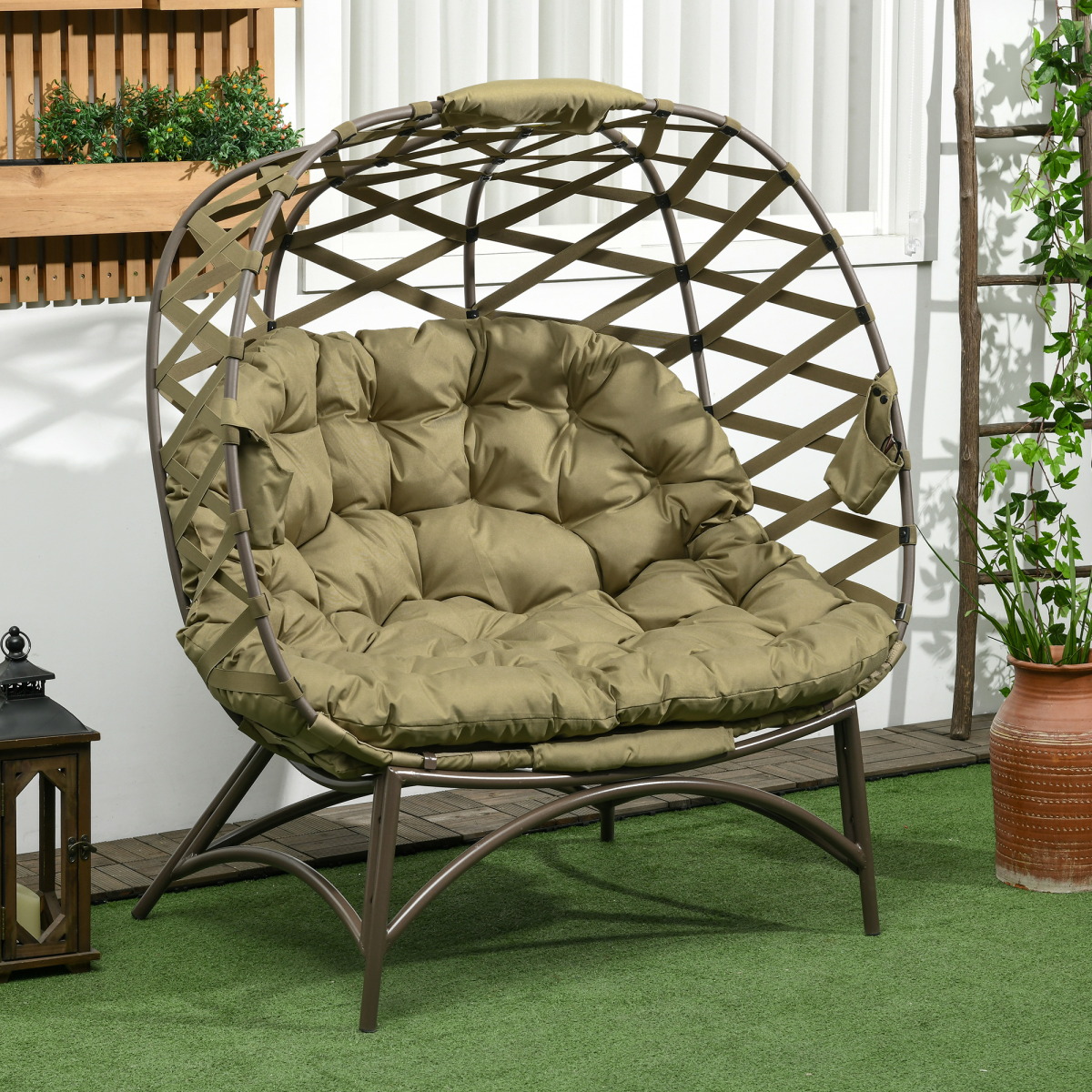 2-Seater Egg Chair with Cushions & Cup Pockets - Khaki