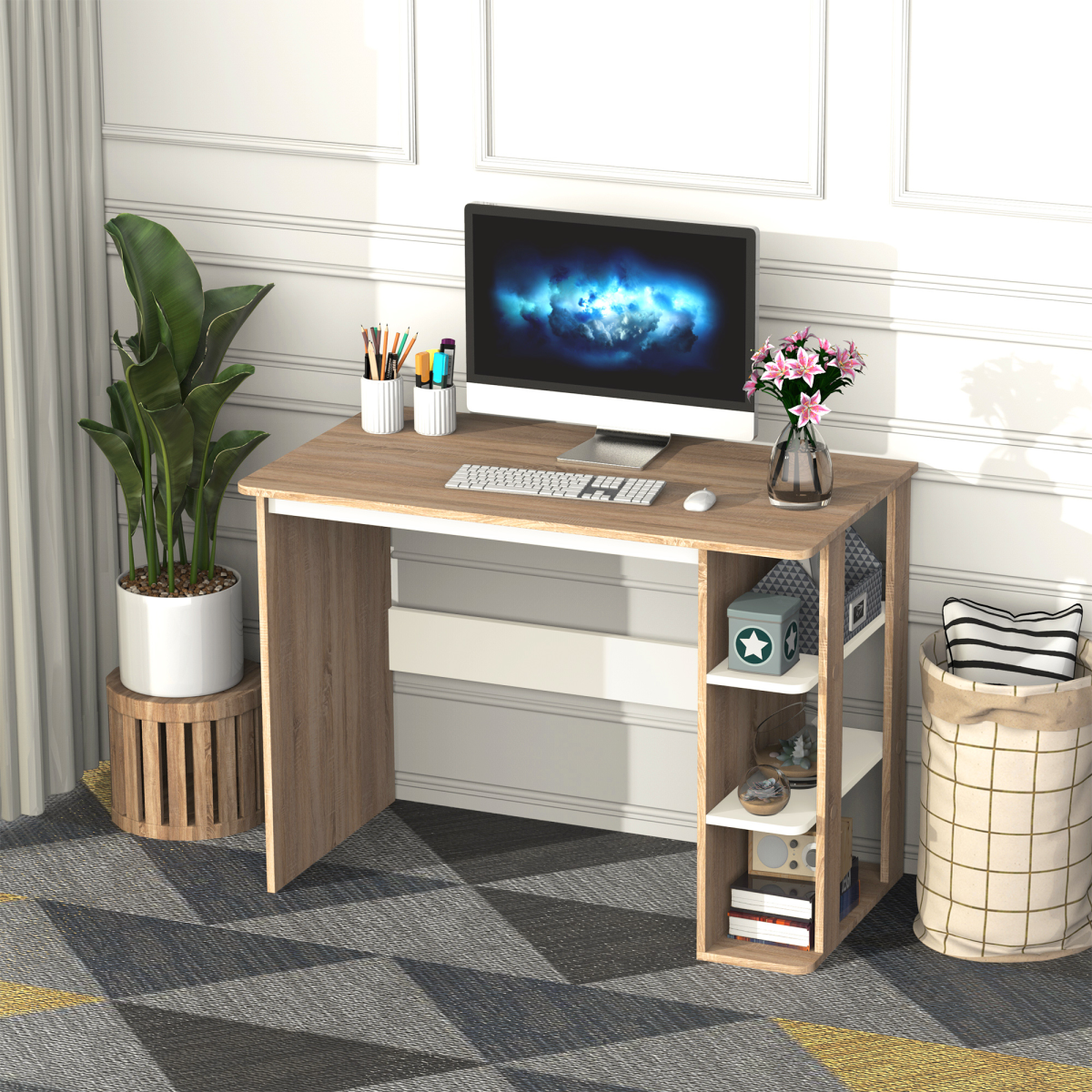 Stylish 2-in-1 Duo Desk & 3-Tier Shelf: Spacious, Sturdy, Home Office Essential