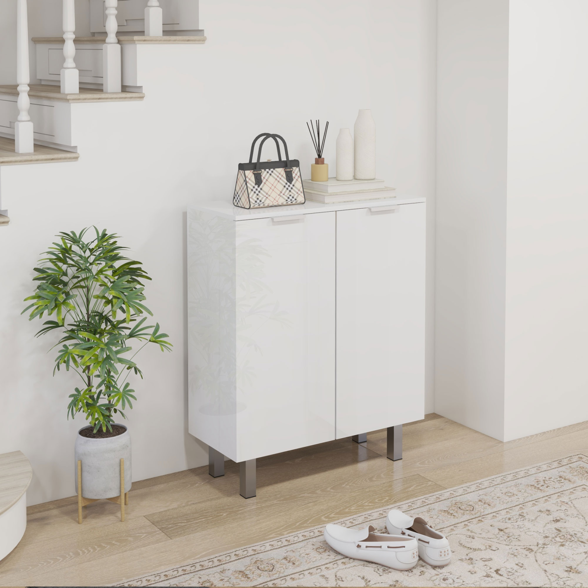 High Gloss Shoe Storage Cabinet with Soft-Close Hinges & Adjustable Shelves