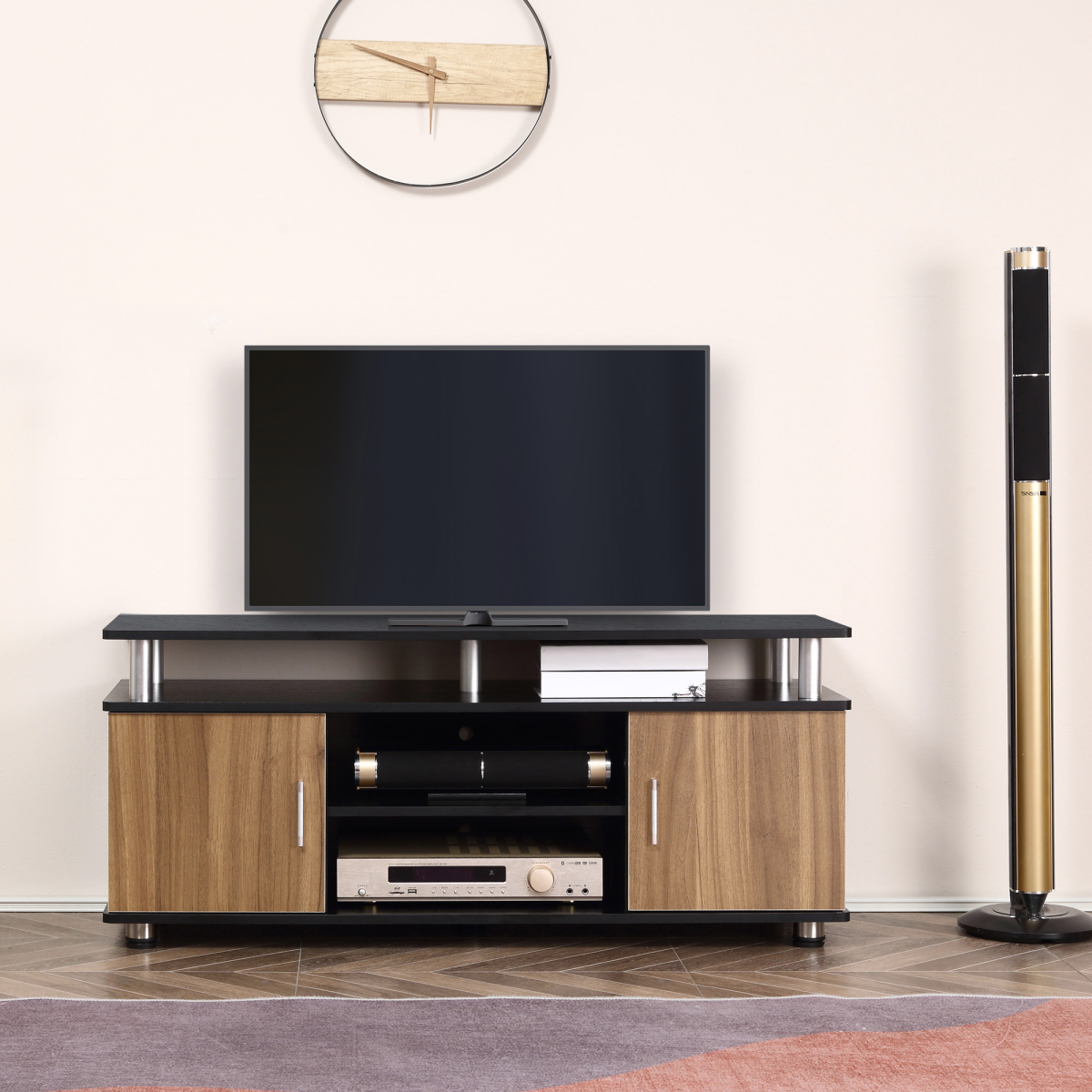 Modern Stylish TV Cabinet Stand - Space Saving Media Console in Black & Walnut