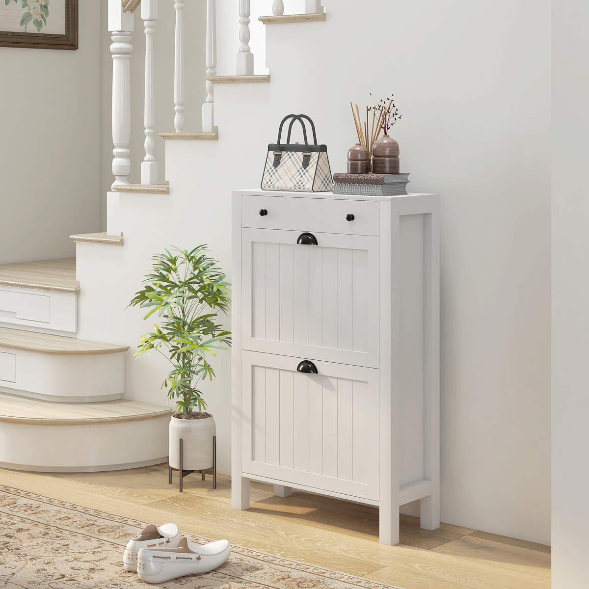 Slim White Shoe Cabinet with 2 Flip Drawers & Storage Top