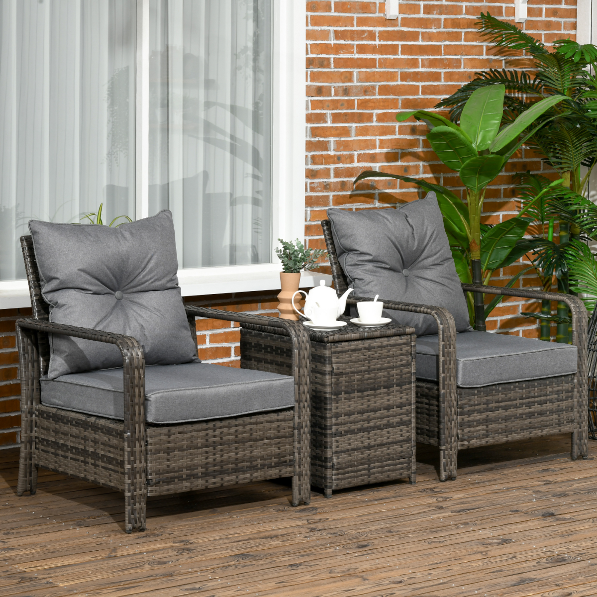 3-Piece PE Rattan Garden Sofa Set - 2 Chairs & Storage Table, Grey