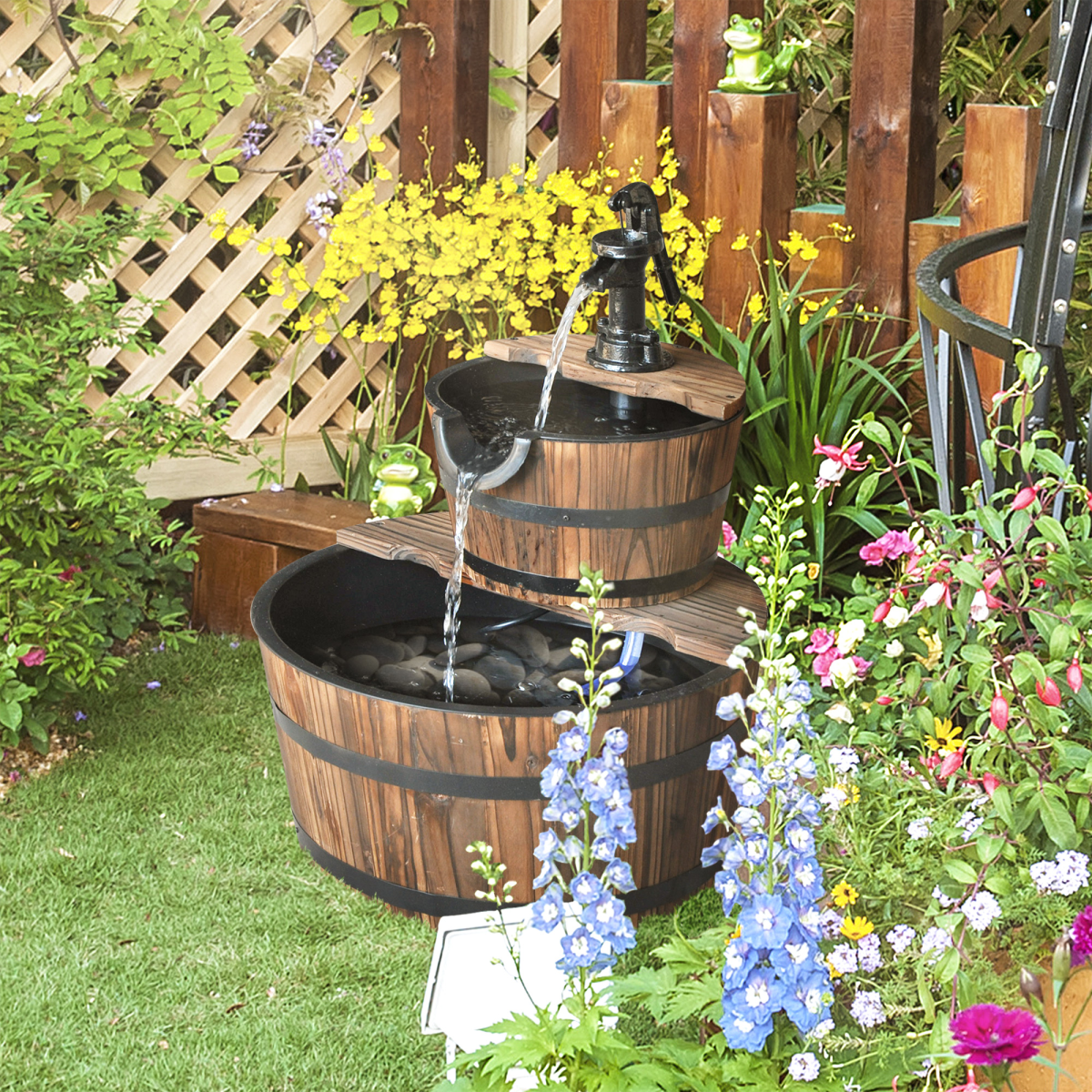 Two-Tier Fir Wood Water Pump Fountain - Steel Accents