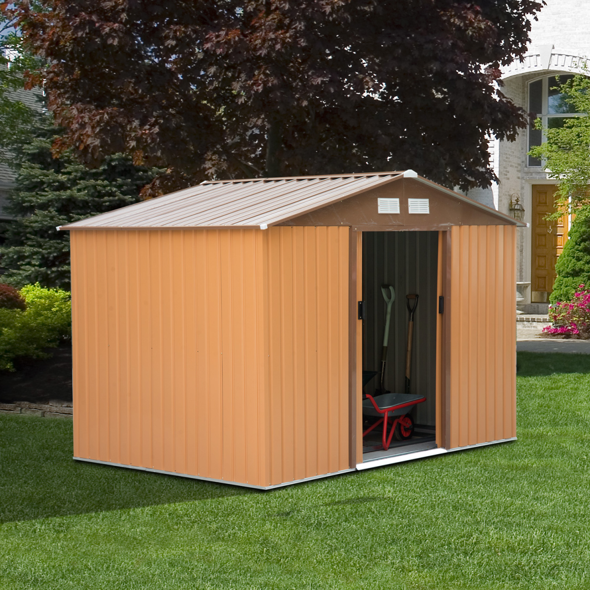 9x6 ft Metal Shed, Khaki - Weatherproof Outdoor Storage with Sliding Doors