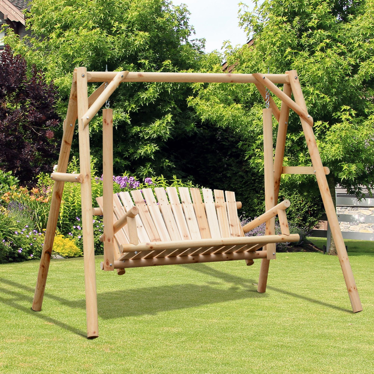 Rustic Outdoor 2-Seater Porch Swing - Wooden Patio Bench with Armrests
