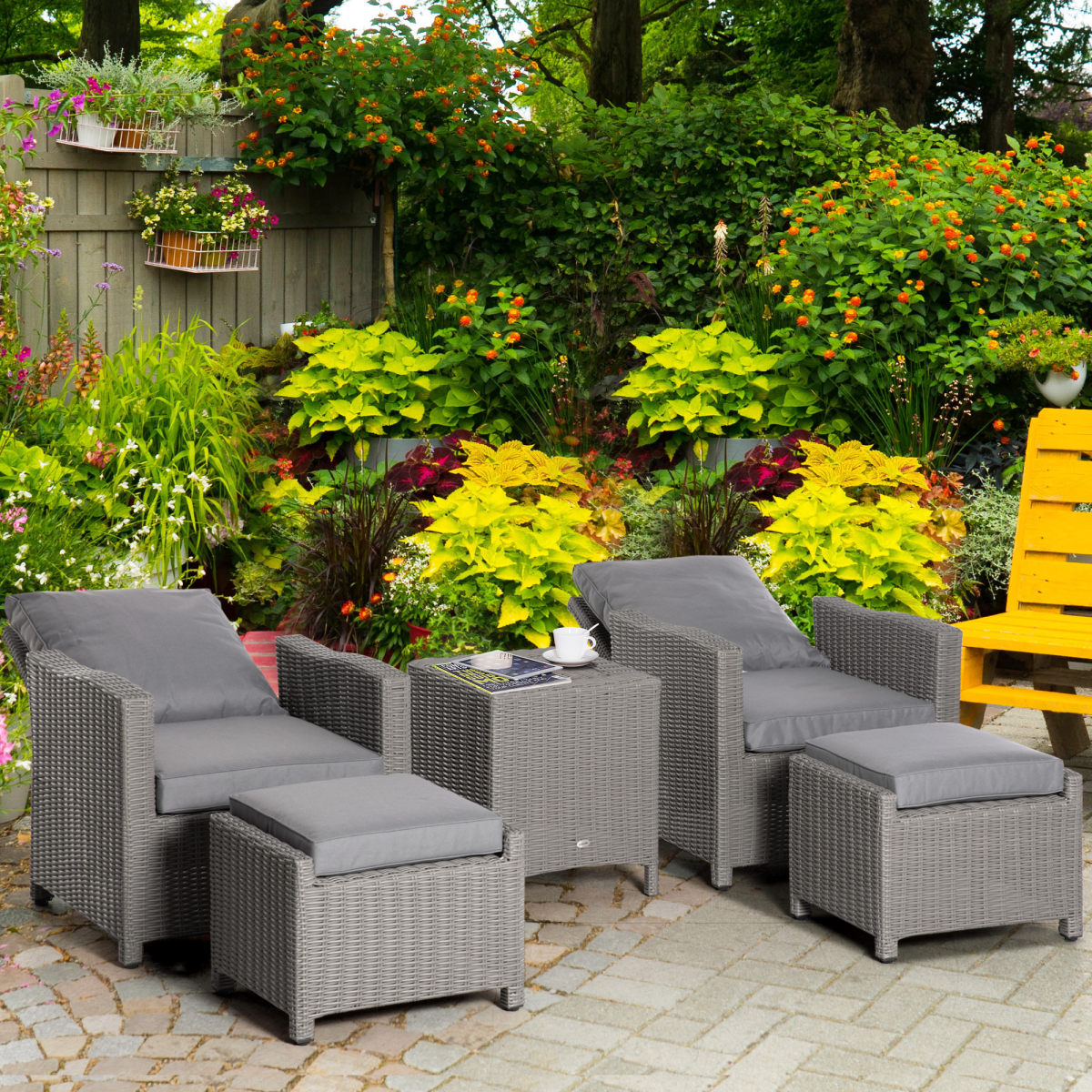 5-Piece Outdoor PE Rattan Set with Cooler Table & Cushioned Chairs