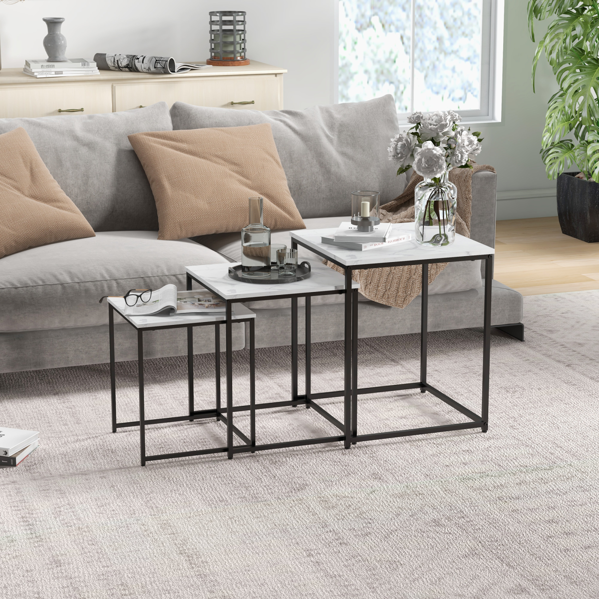 3-Piece Nesting Coffee Tables Set - White Marble Finish