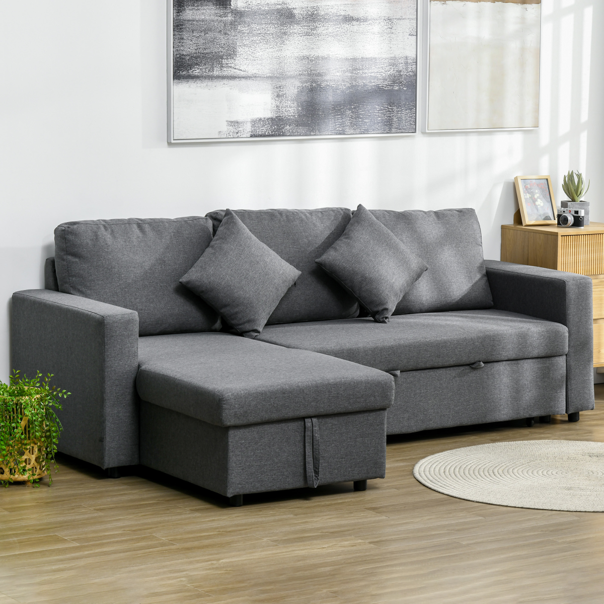 Corner Sofa Bed with Storage, 3-Seater Pull-Out, Dark Grey