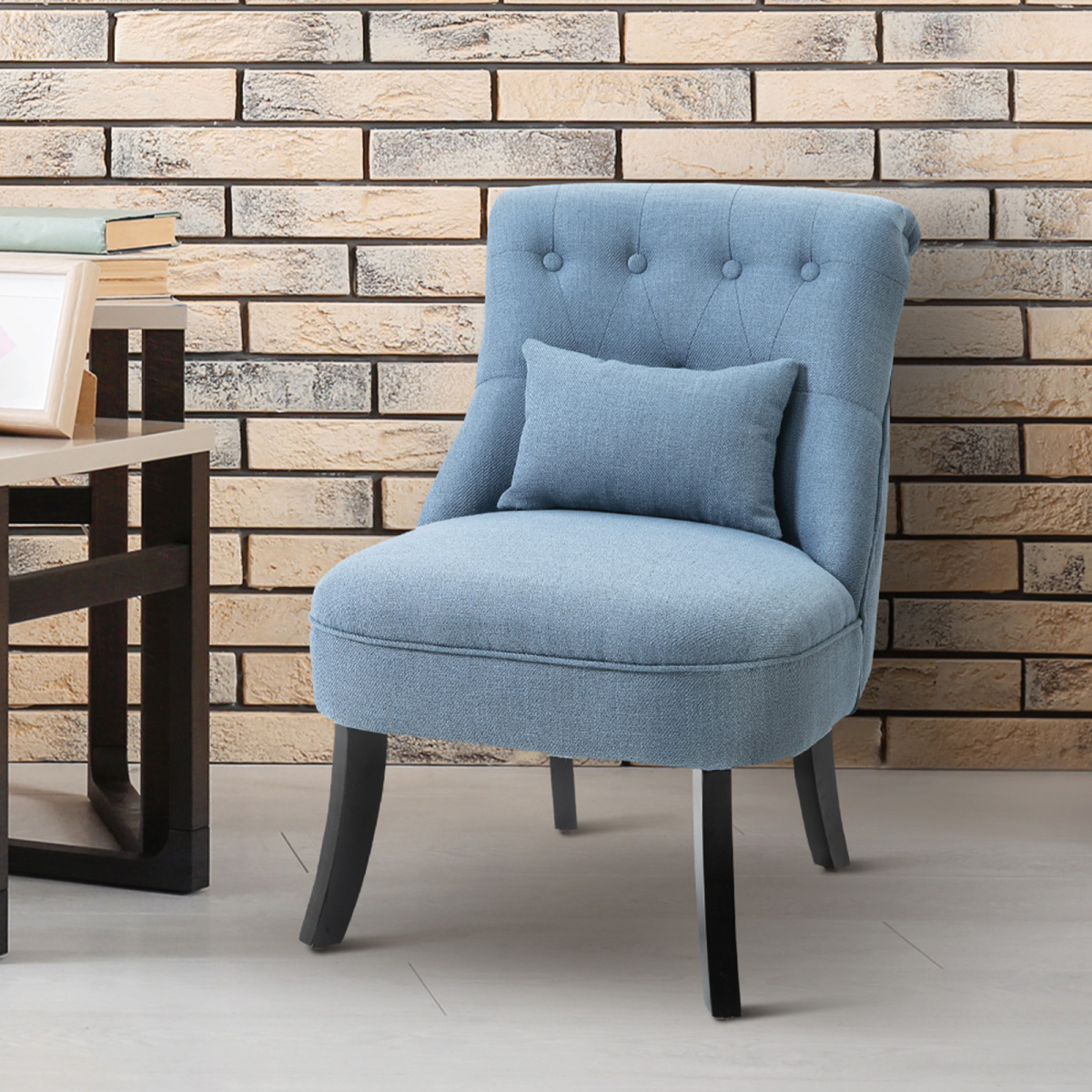 Fabric Upholstered Dining Chair with Pillow, Solid Wood Legs for Living Room