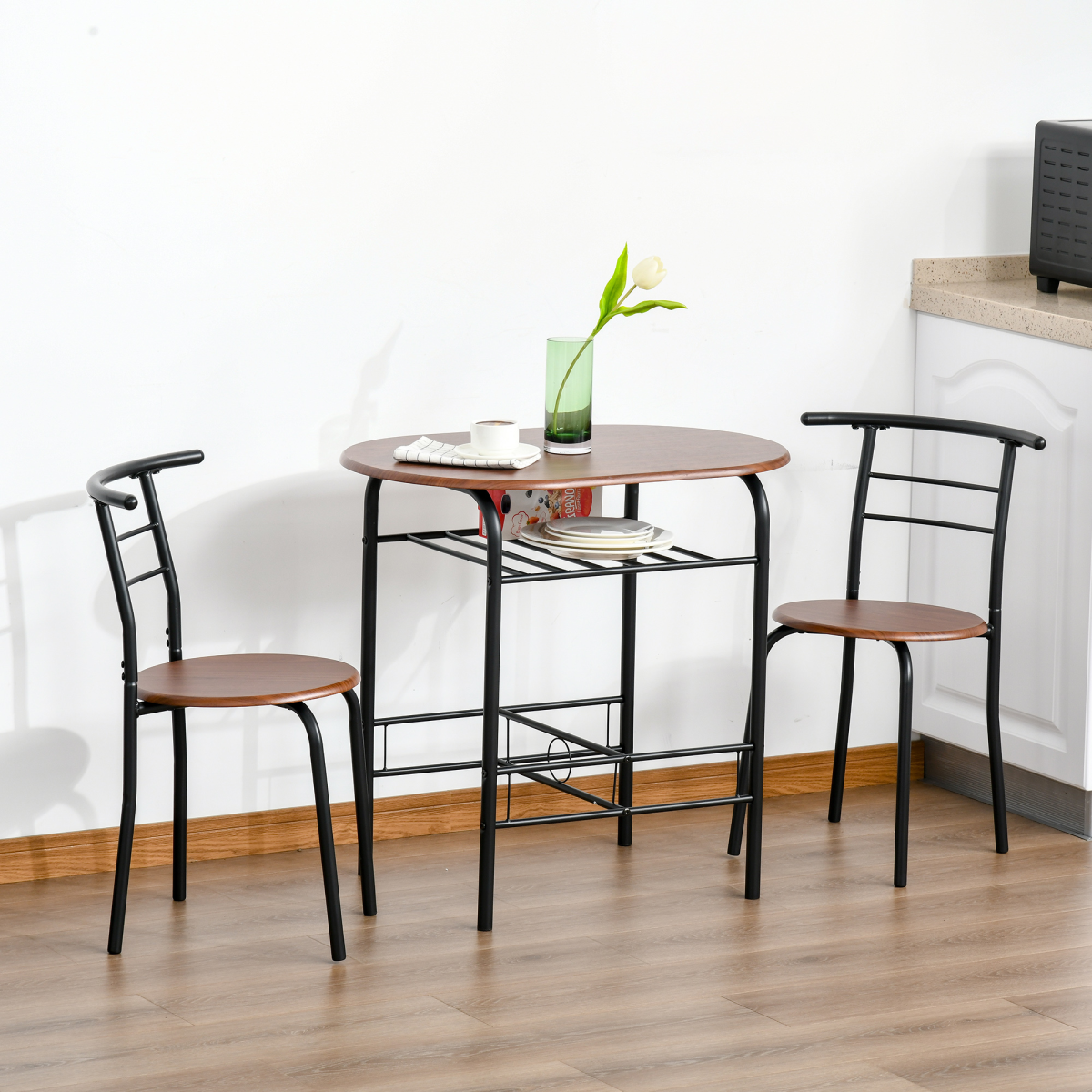 MDF 2-Seater Bar Table Set with Bottle Storage, Oak Wood Tone