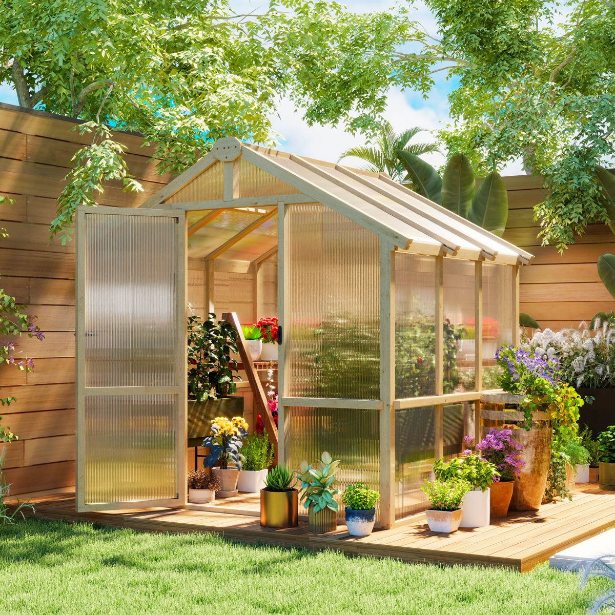 6.6x6ft Wooden Greenhouse with Lockable Door – Grow Year-Round!