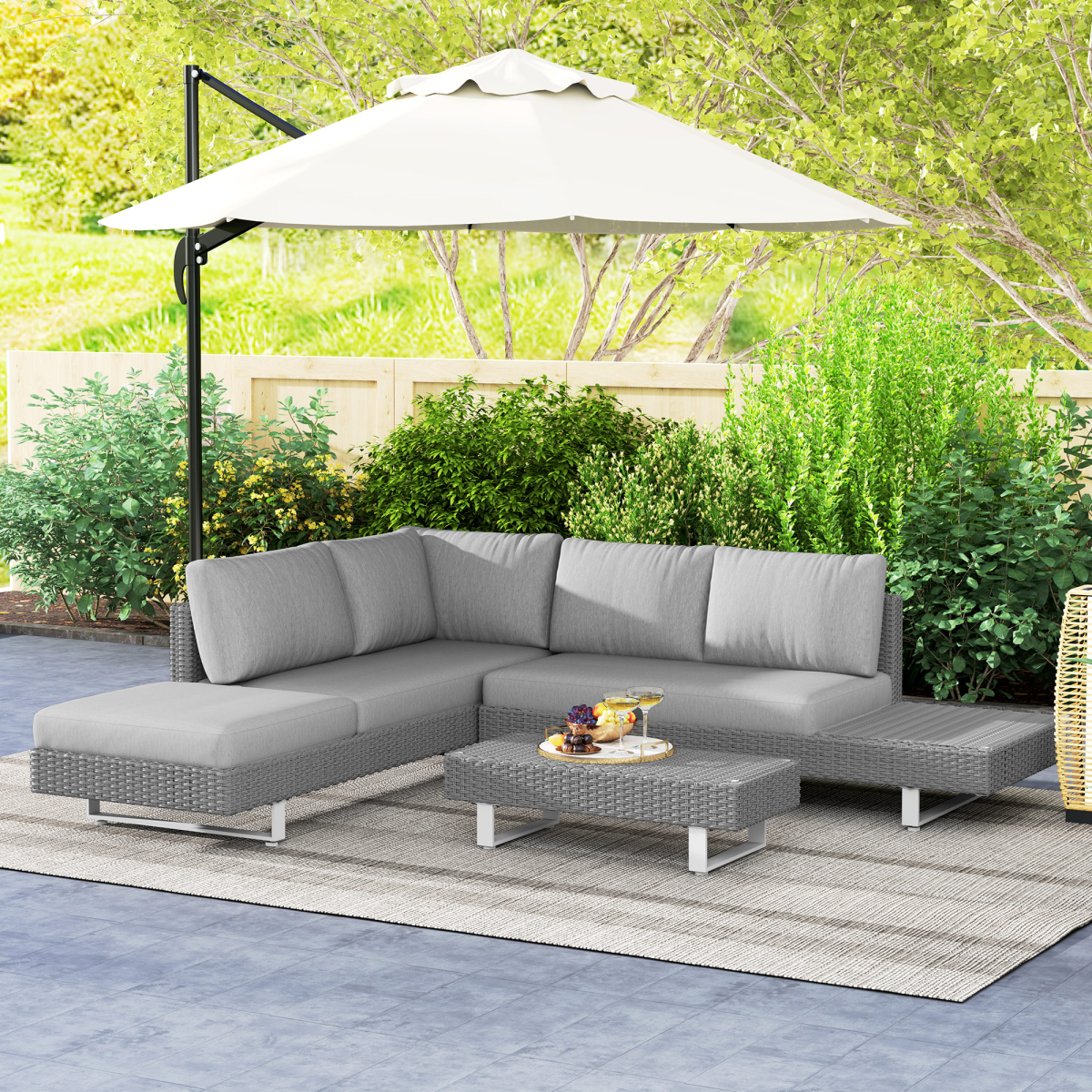 3-Piece Rattan Sofa Set with Tea Table & Cushions, Light Grey