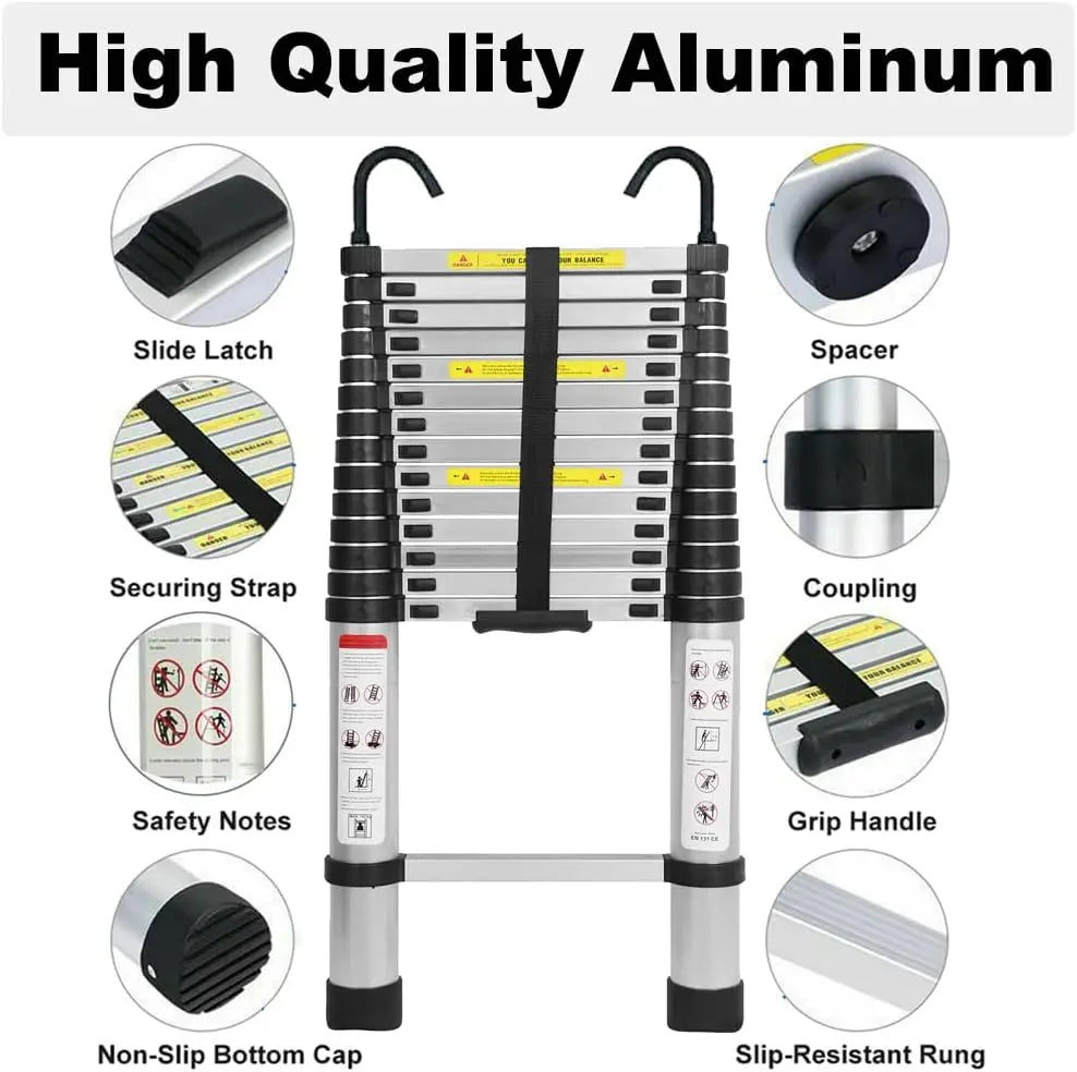 Telescopic Ladder 6.2M/20.3FT W/Detachable Hooks&Extendable Steps,Folding Tall Loft Collapsibleladder with Non-Slip Feet