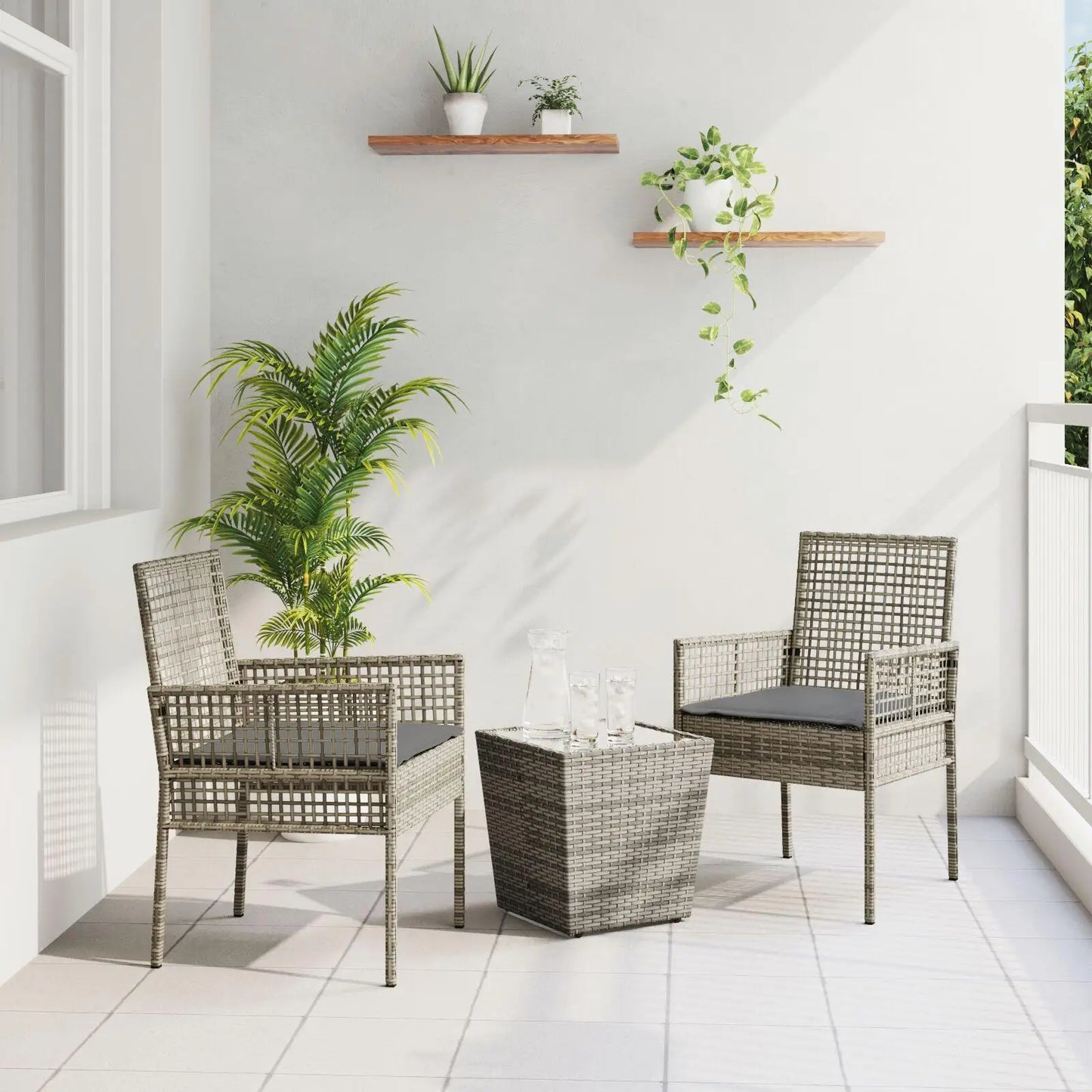 3-Piece Grey Poly Rattan Garden Bistro Set with Cushions for Outdoor Use