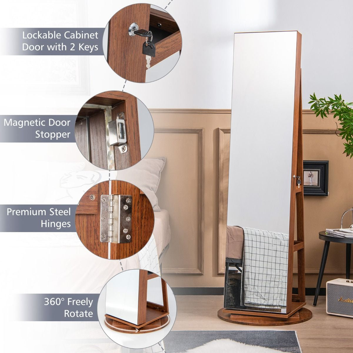 360-Degree Mirrored Jewelry Armoire with 3-Color Auto-On LED Lights