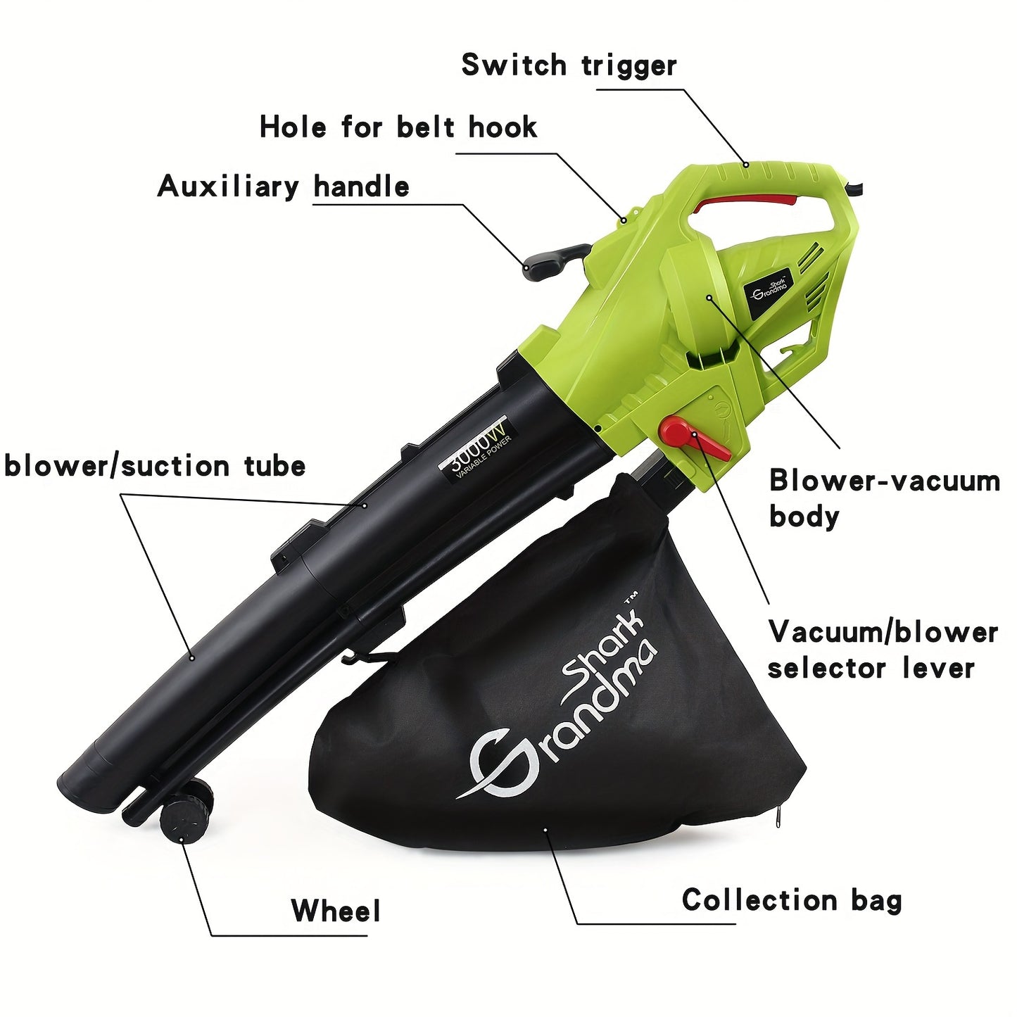 3000 W 3 in 1 Leaf Blower, Garden Leaves Vacuum Cleaner with Collection Bag (Green)