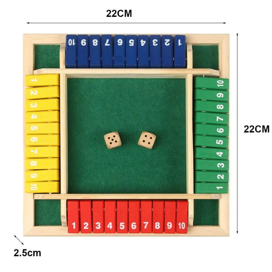 Classic 4-Sided Wooden Shut-The-Box Game with Dice - Timeless Tabletop Fun for Family and Friends