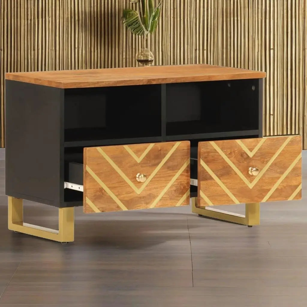 Modern Solid Wood TV Cabinet in Brown & Black - 70X33.5X46 Cm, Durable Mango Design