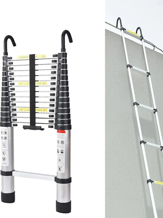 6.2M Heavy Duty Telescopic Ladders with Hooks 14 Steps Aluminum Extending Roof Ladder for Multi-Purpose Indoor Outdoor Roof Work