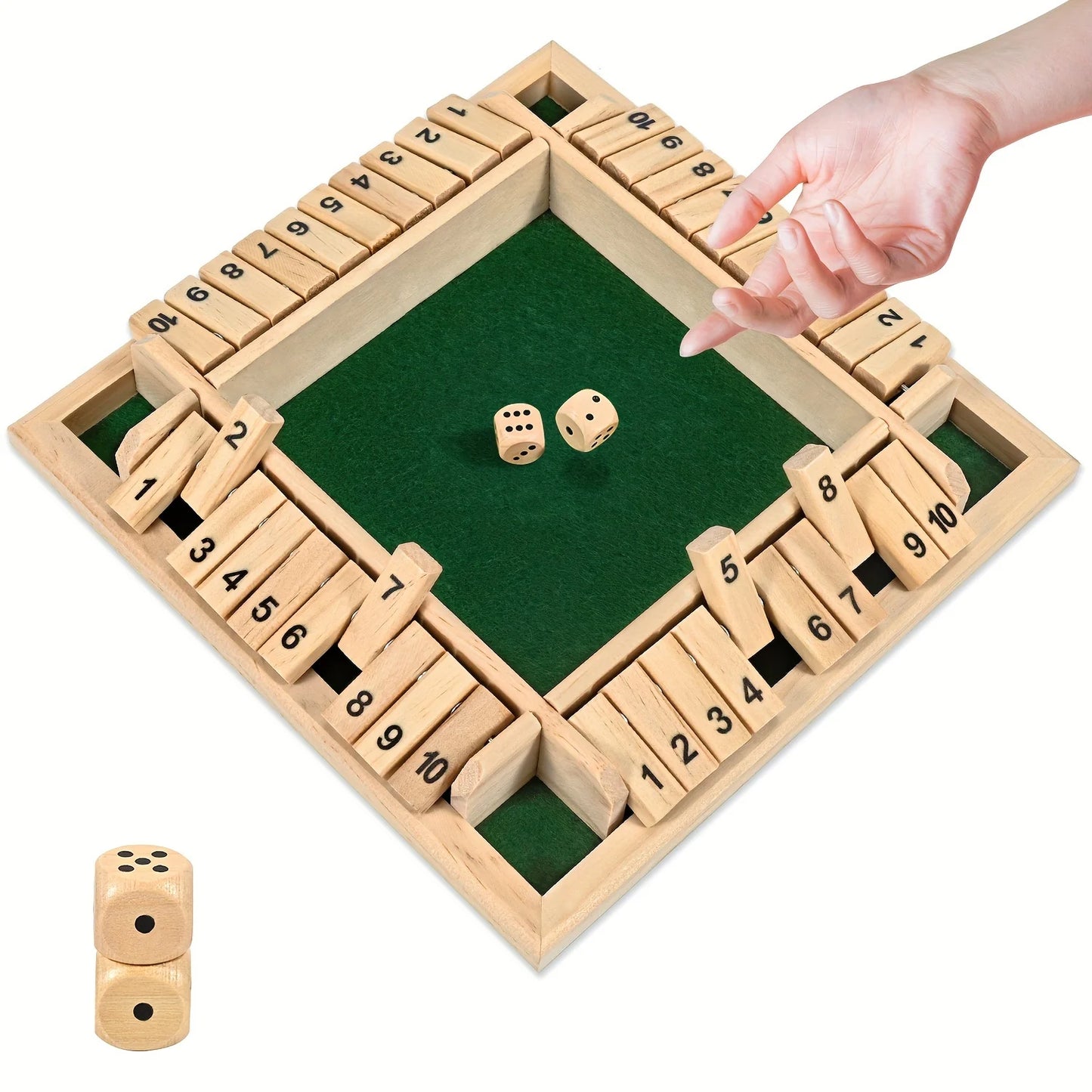 Classic 4-Sided Wooden Shut-The-Box Game with Dice - Timeless Tabletop Fun for Family and Friends