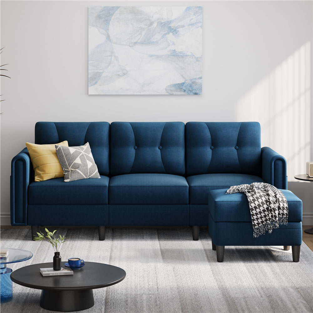 3-Seater Sofa with Ottoman Velvet Upholstered Corner Sofa for Living Room L-shaped Chaise Lounge Sofa