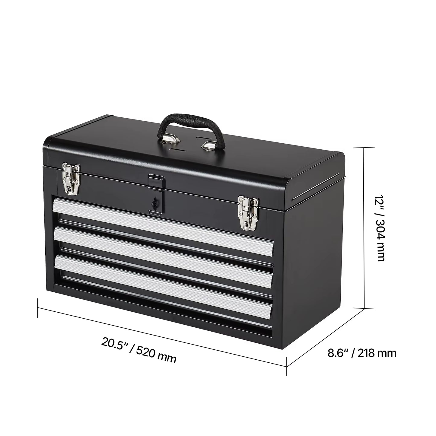 20In 3-Drawer Metal Tool Box Black/Red Tool Chest with EVA Liners Multifunction Tool Organizer for Garage & Workshop
