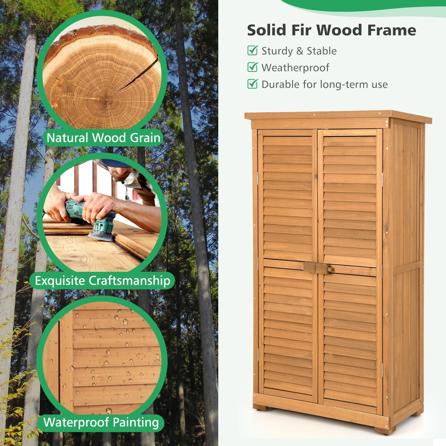 Outdoor Wooden Storage Shed with 3 Removable Shelves for Garden Deck