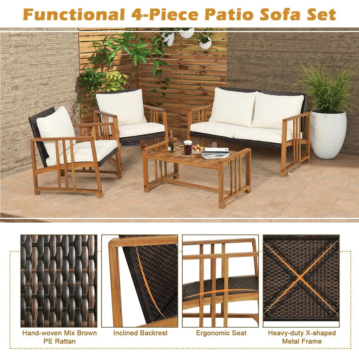 Outdoor Mix Brown Rattan Set with Acacia Wood Frame and Back Cushions