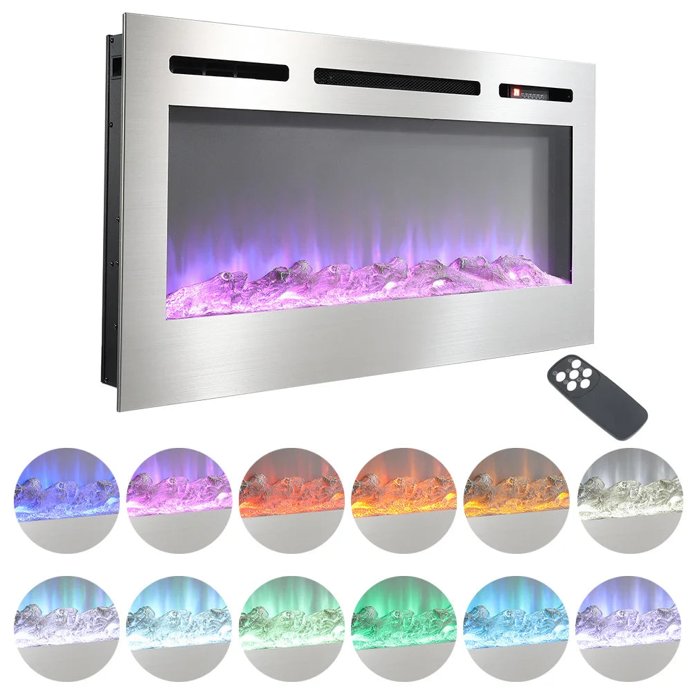 LED Electric Wall Mounted Fireplace Recessed Fire Heater 12 Flames with Remote, Silver 60Inch