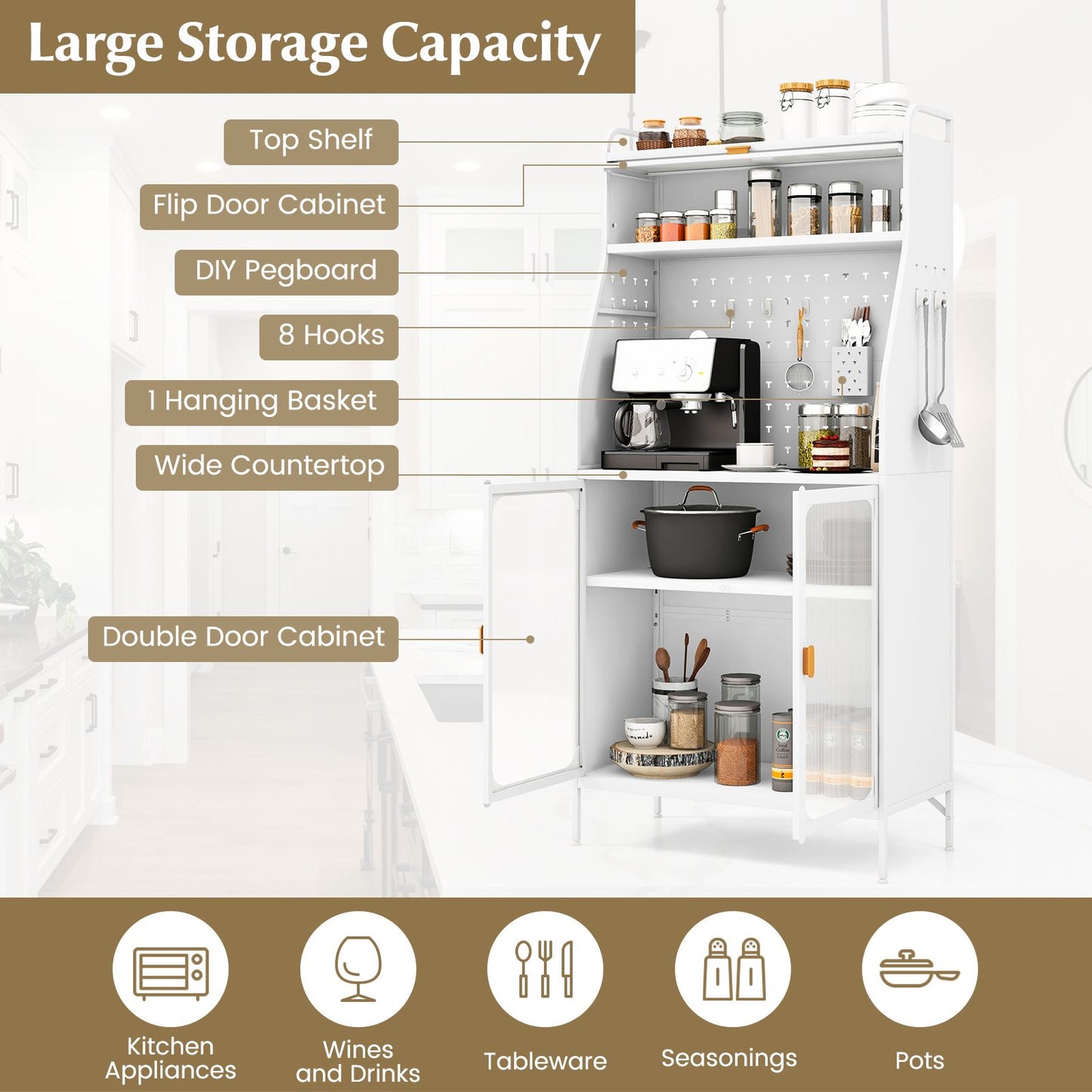 Kitchen Pantry Storage Cabinet Freestanding Baker Rack with Pegboard