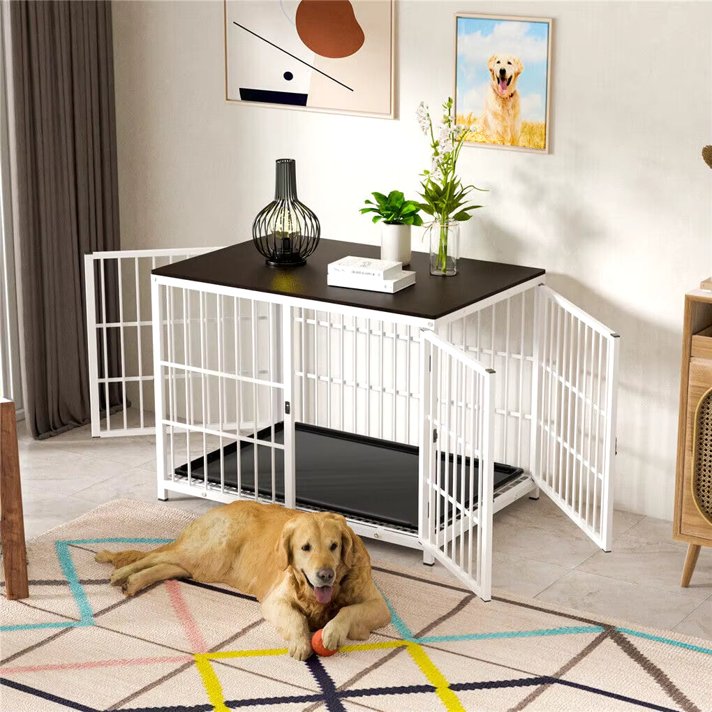 Stylish Heavy-Duty Metal & Wood Dog Kennel End Table with Three Doors and Removable Tray