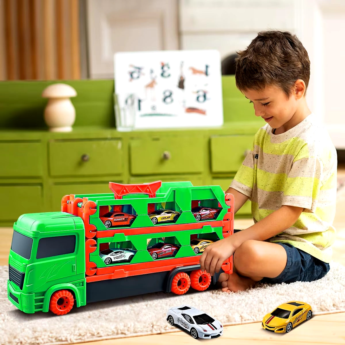 Expandable 1.65M Truck 6X Race Cars Toy for Boys Age 3+ Portable Transport Track Truck Vehicle Toy Set for Kids Gifts