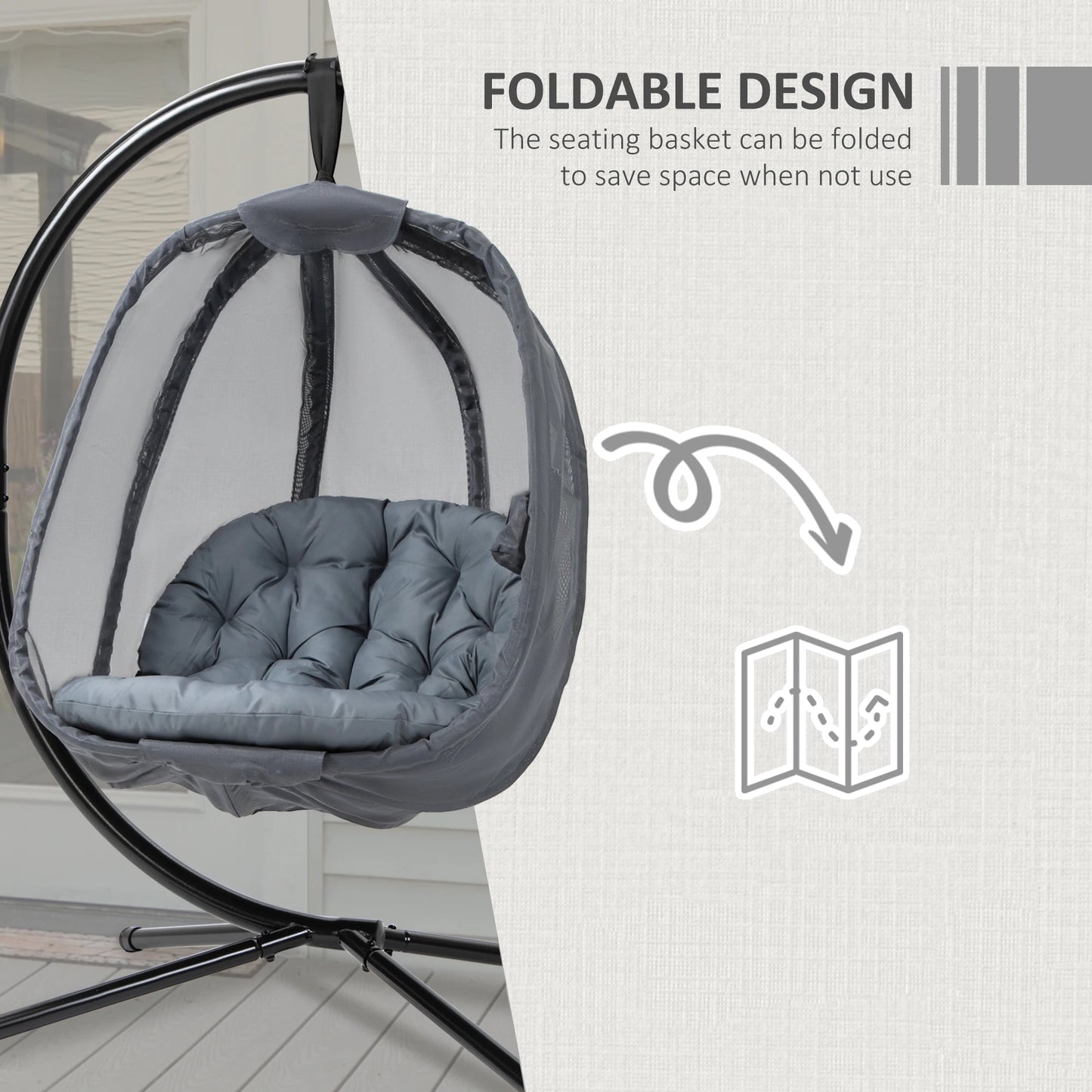 Folding Hanging Egg Chair W/ Cushion and Stand for Indoor Outdoor Grey