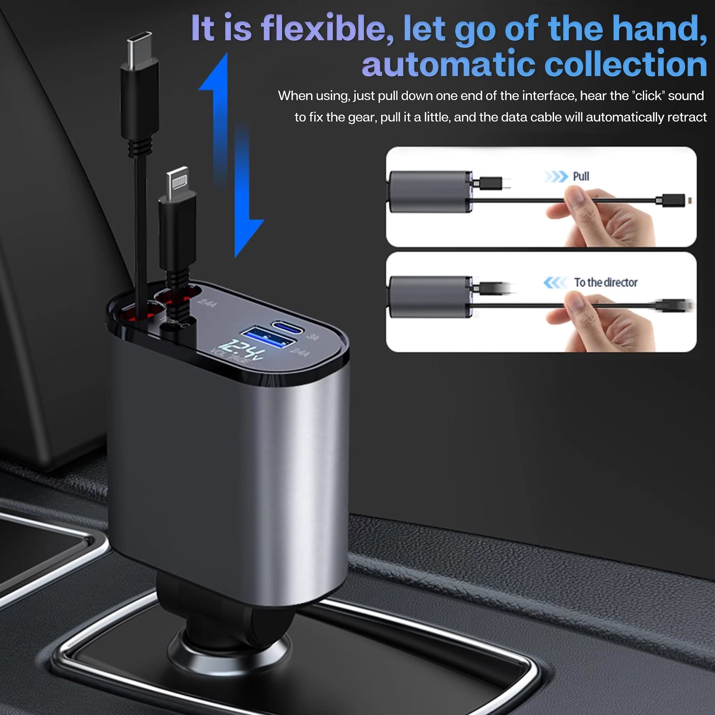 Ultimate 4-in-1 Retractable Car Charger with USB PD Type C Cable for Lightning-Fast iPhone Charging & QC Adapter